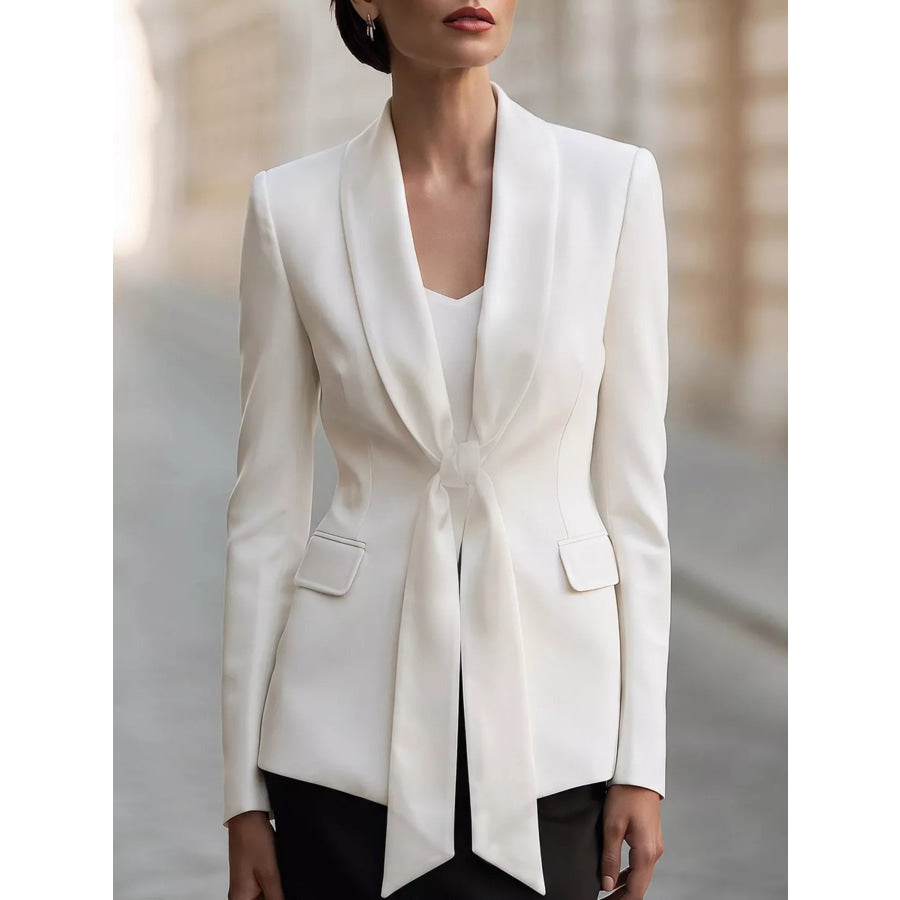 Tie-Front Lapel Collar Long Sleeve Blazer White / S Apparel and Accessories