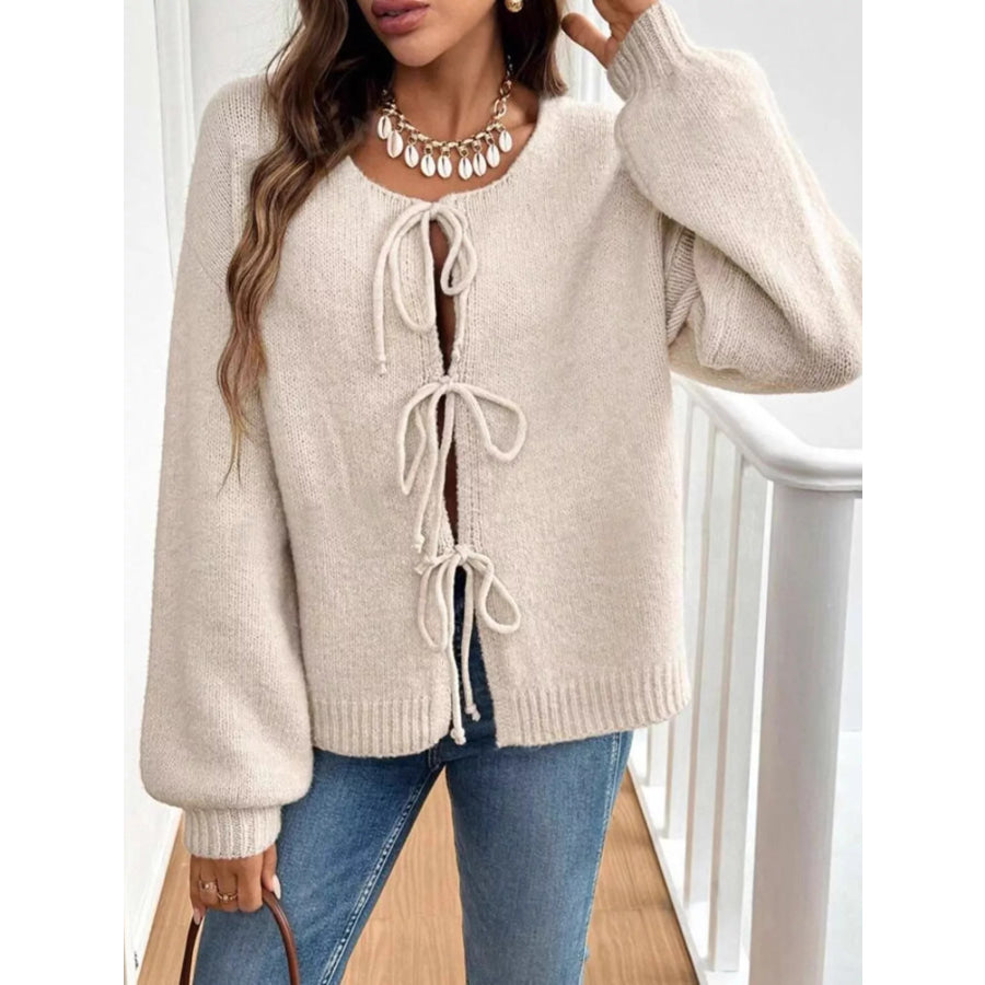 Tie-Front Long Sleeve Cardigan Apricot / S Apparel and Accessories