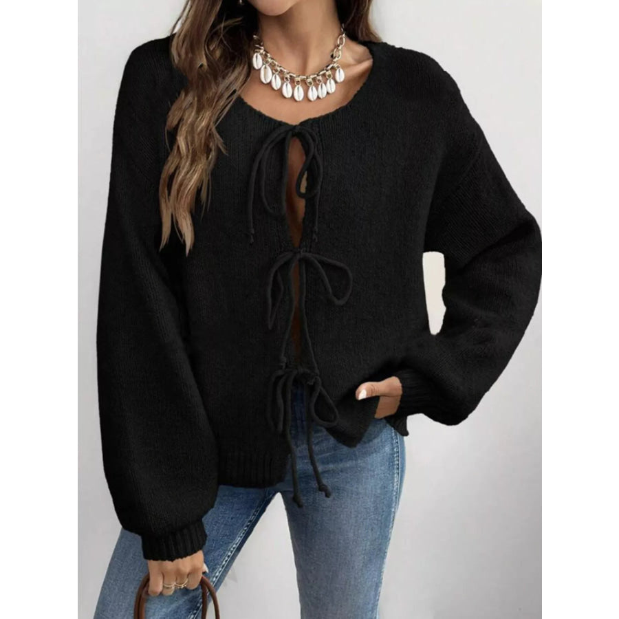 Tie-Front Long Sleeve Cardigan Black / S Apparel and Accessories