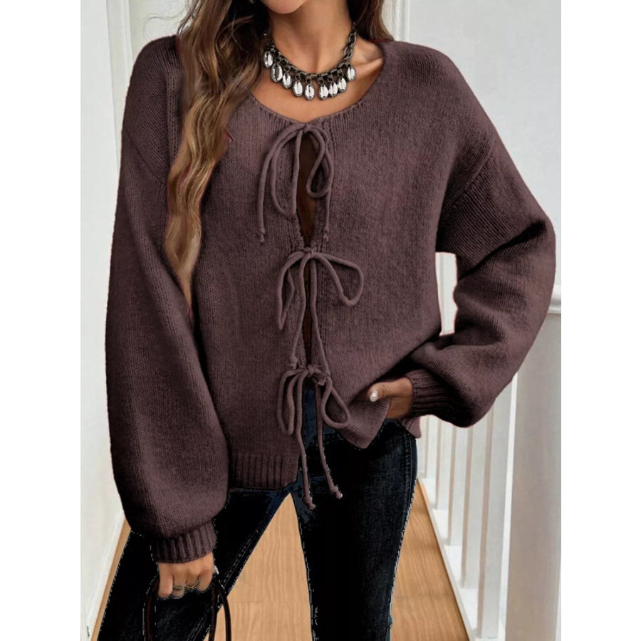 Tie-Front Long Sleeve Cardigan Brown / S Apparel and Accessories