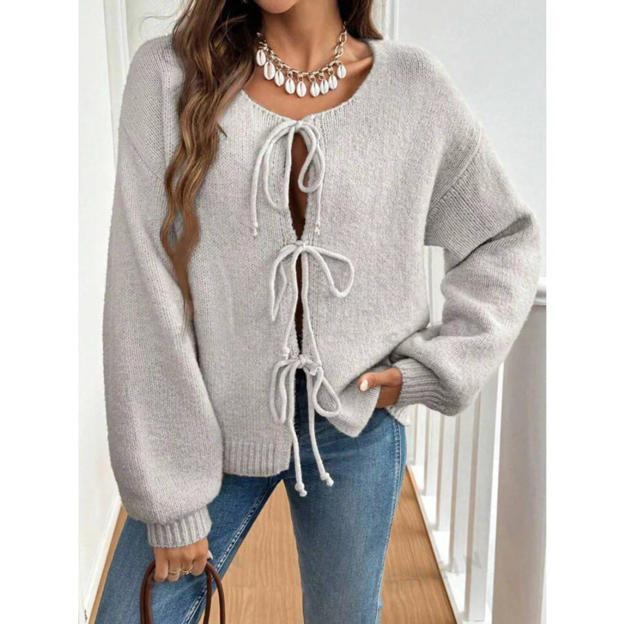 Tie-Front Long Sleeve Cardigan Gray / S Apparel and Accessories