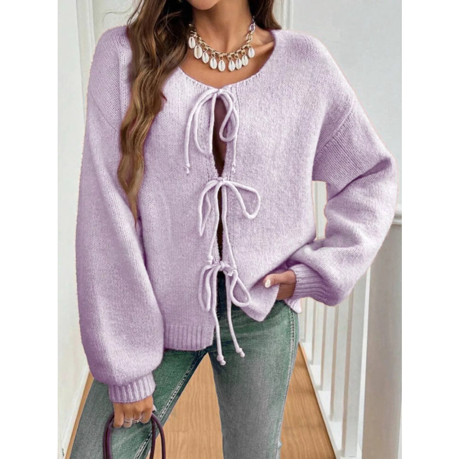 Tie-Front Long Sleeve Cardigan Light Purple / S Apparel and Accessories