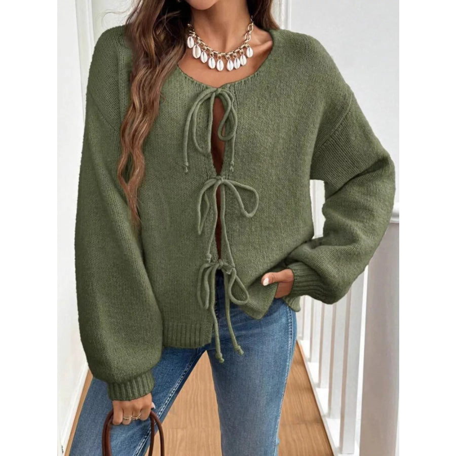 Tie-Front Long Sleeve Cardigan Military Green / S Apparel and Accessories