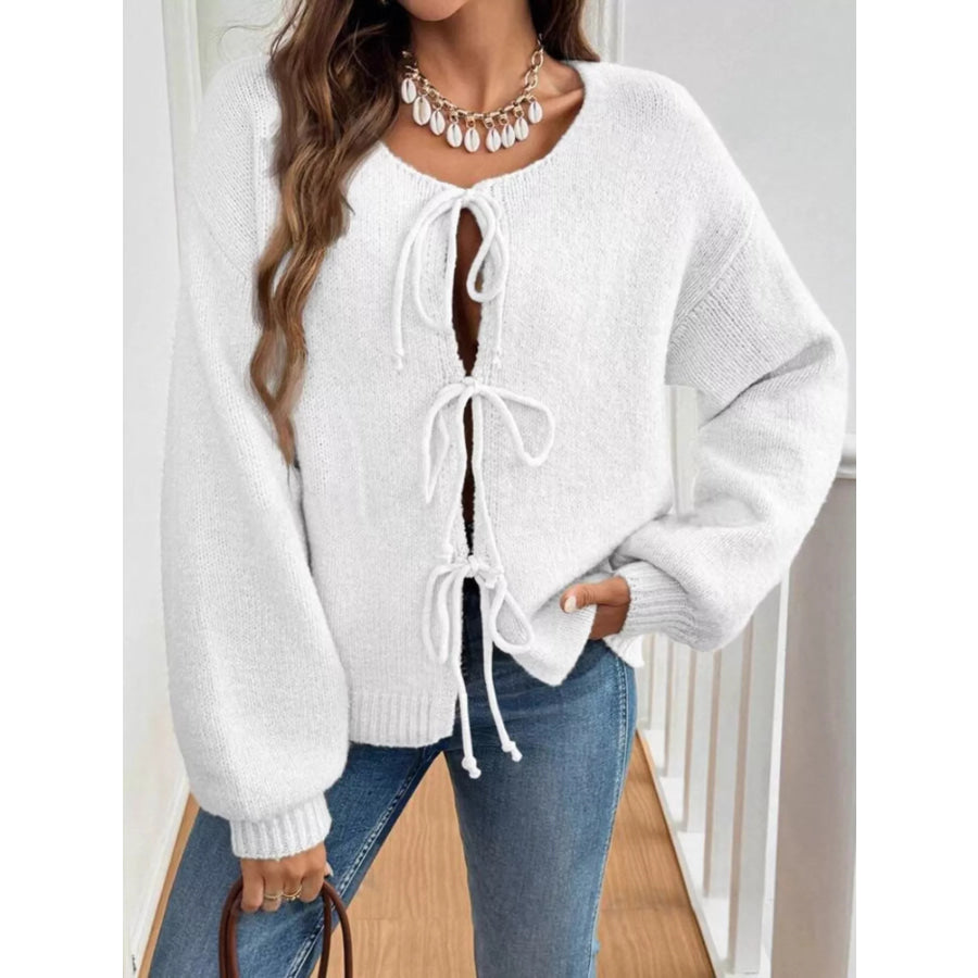 Tie-Front Long Sleeve Cardigan Off-white / S Apparel and Accessories