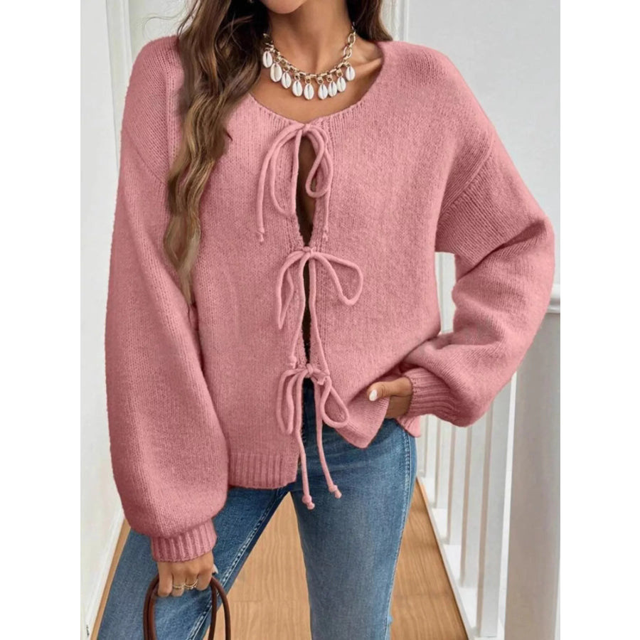 Tie-Front Long Sleeve Cardigan Pink / S Apparel and Accessories