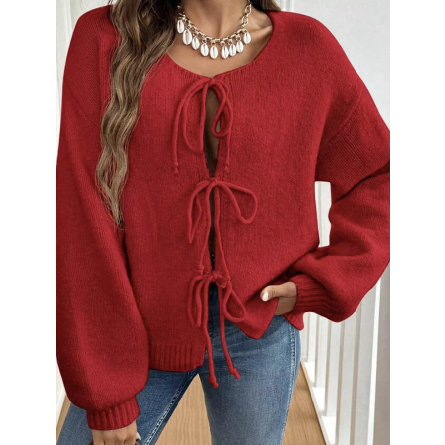 Tie-Front Long Sleeve Cardigan Red / S Apparel and Accessories