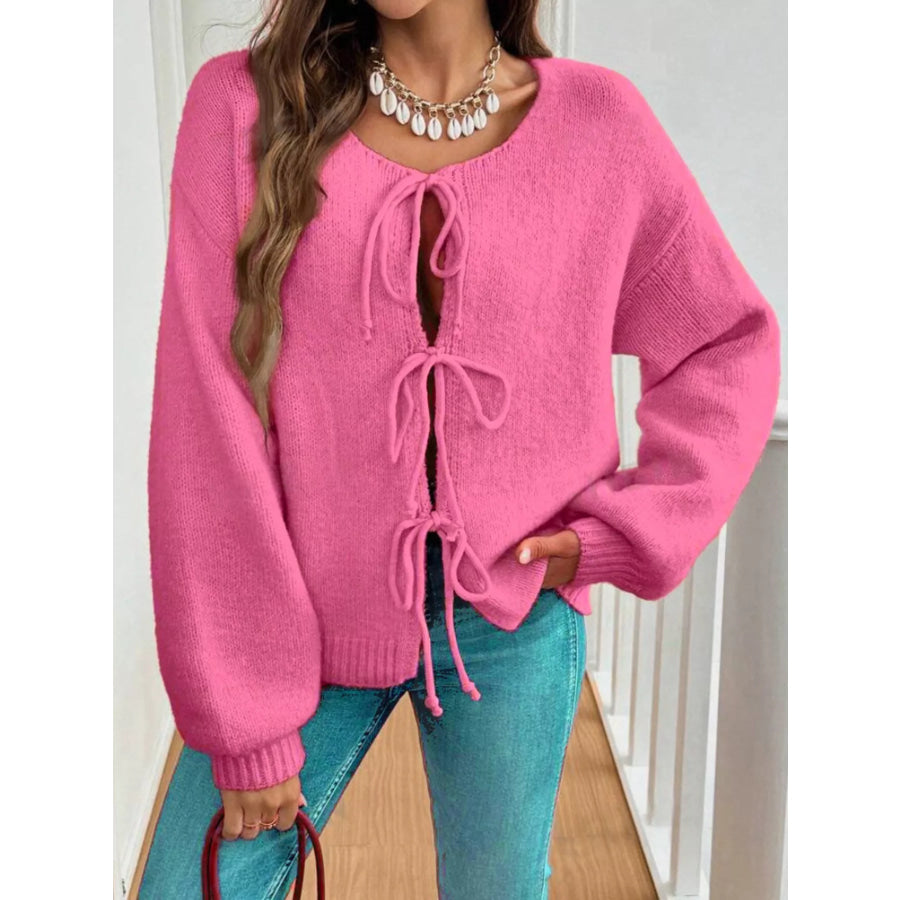 Tie-Front Long Sleeve Cardigan Rose Pink / S Apparel and Accessories