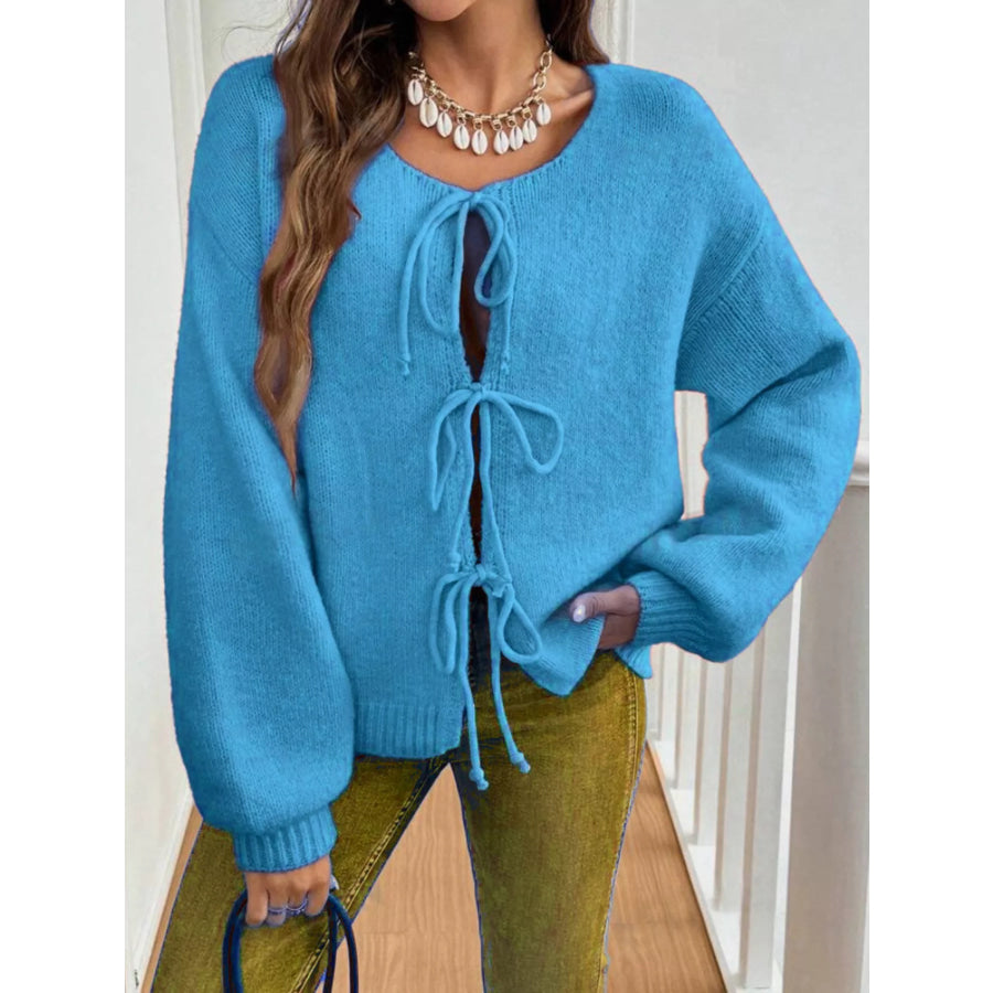 Tie-Front Long Sleeve Cardigan Sky Blue / S Apparel and Accessories