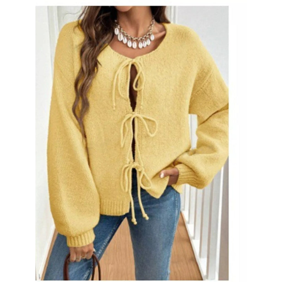 Tie-Front Long Sleeve Cardigan Yellow / S Apparel and Accessories