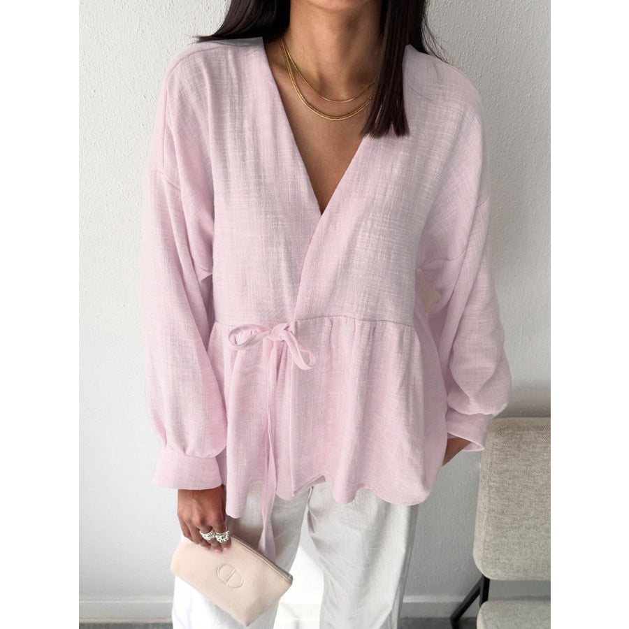 Tie Front Long Sleeve Shirt Blush Pink / S Apparel and Accessories