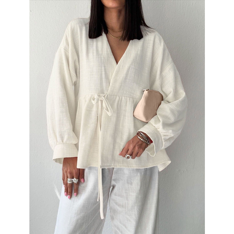 Tie Front Long Sleeve Shirt White / S Apparel and Accessories