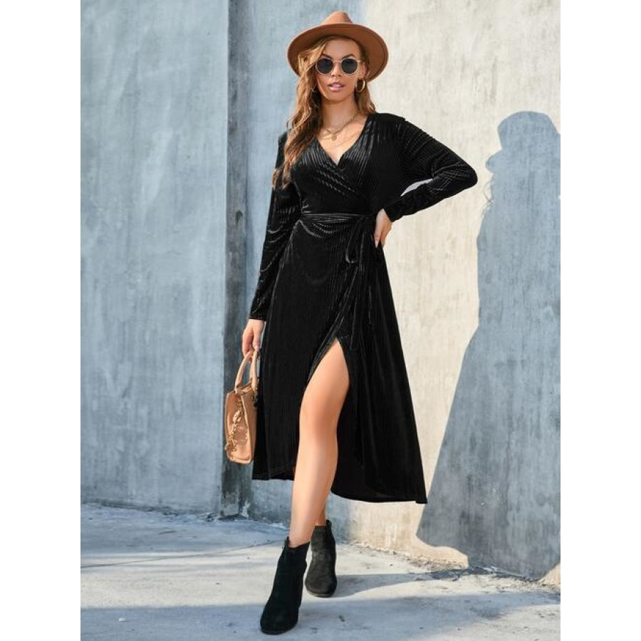 Tie Front Long Sleeve Slit Dress Black / S