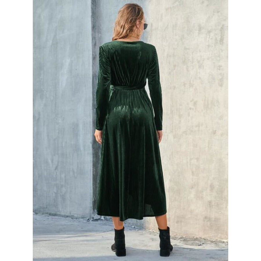 Tie Front Long Sleeve Slit Dress Green / S