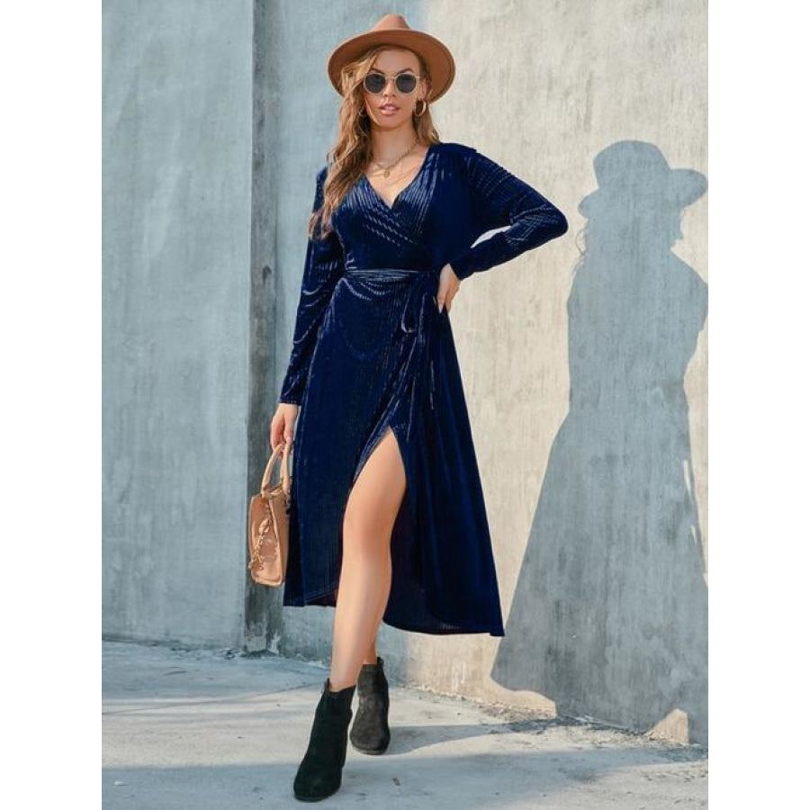 Tie Front Long Sleeve Slit Dress