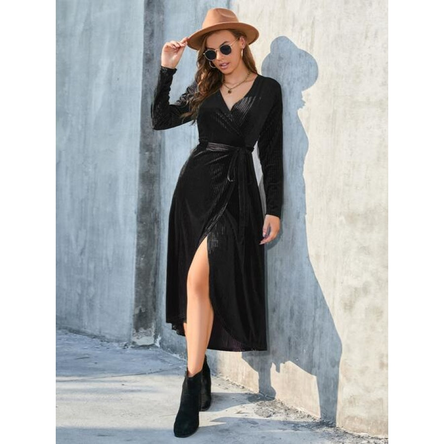 Tie Front Long Sleeve Slit Dress