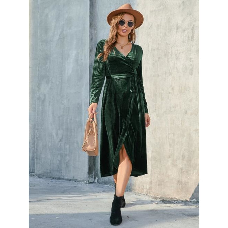 Tie Front Long Sleeve Slit Dress