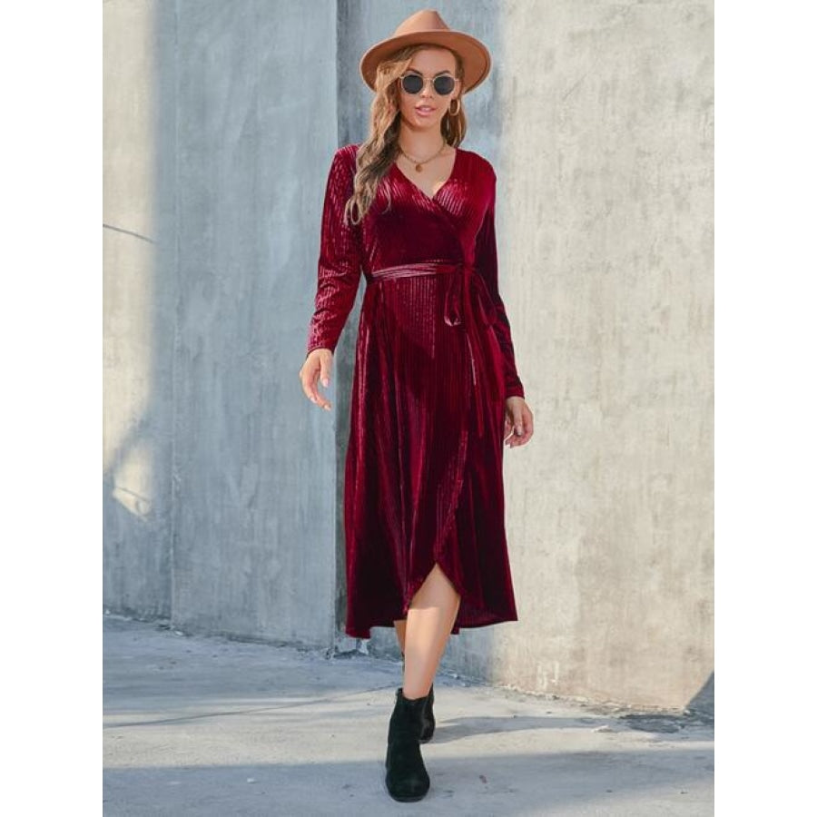 Tie Front Long Sleeve Slit Dress