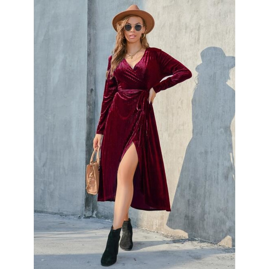 Tie Front Long Sleeve Slit Dress Wine / S