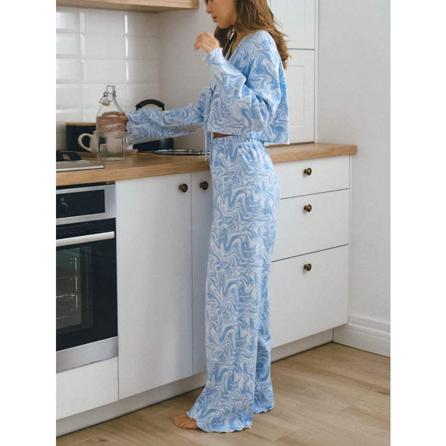 Tie Front Long Sleeve Top and Pants Lounge Set Apparel and Accessories