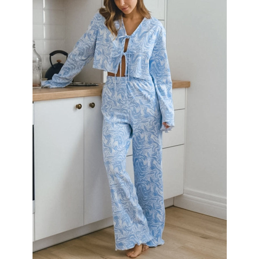 Tie Front Long Sleeve Top and Pants Lounge Set Light Blue / S Apparel and Accessories