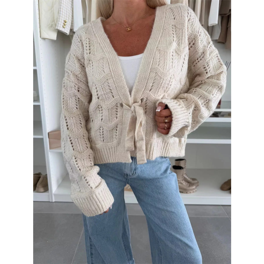 Tie-Front Openwork Cardigan Apricot / S Apparel and Accessories