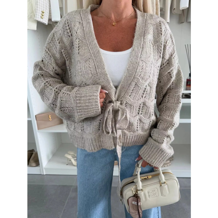Tie-Front Openwork Cardigan Khaki / S Apparel and Accessories