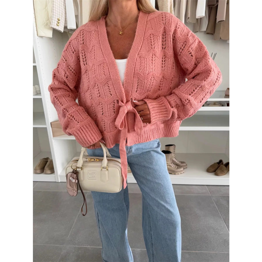 Tie-Front Openwork Cardigan Shrimp Red / S Apparel and Accessories