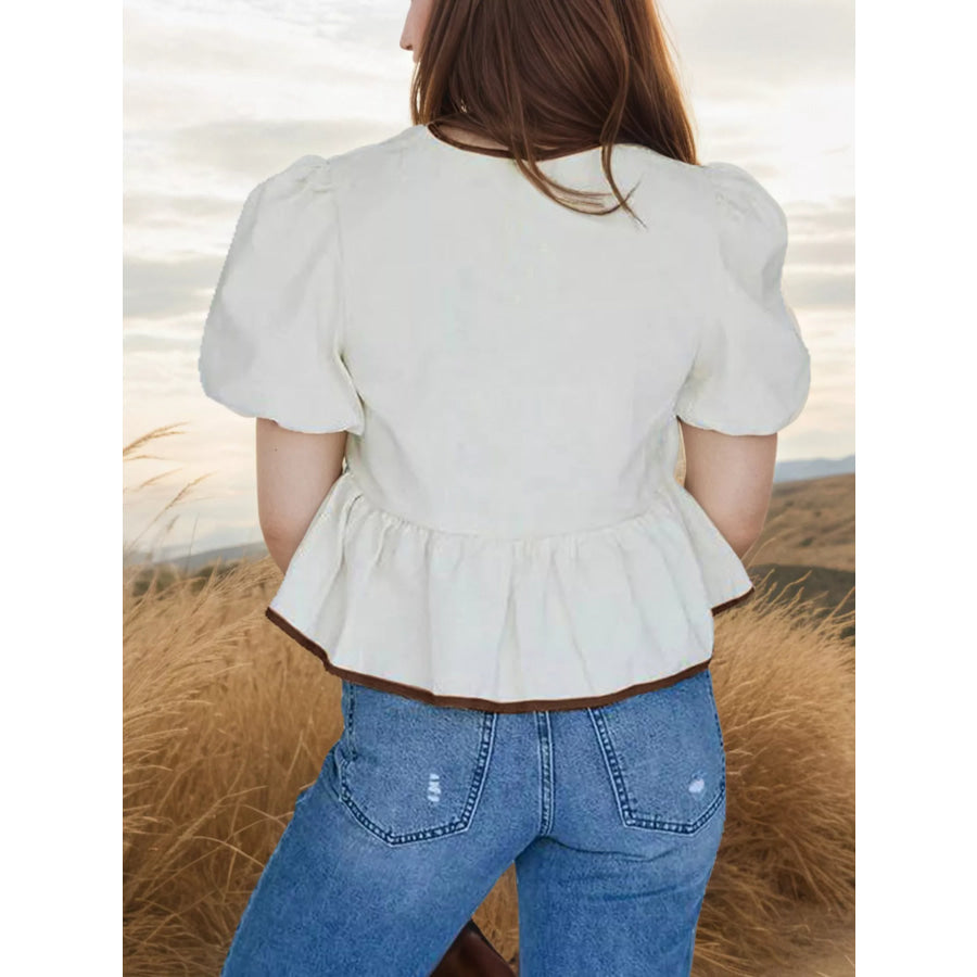Tie Front Puff Sleeve Blouse Apparel and Accessories