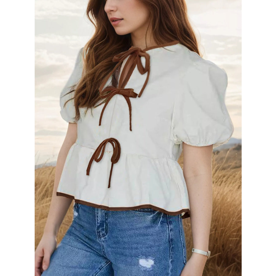 Tie Front Puff Sleeve Blouse Apparel and Accessories