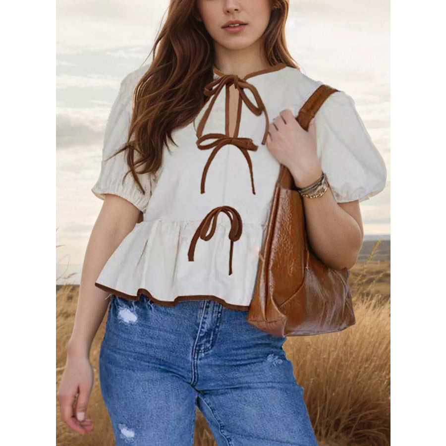 Tie Front Puff Sleeve Blouse Apricot / S Apparel and Accessories