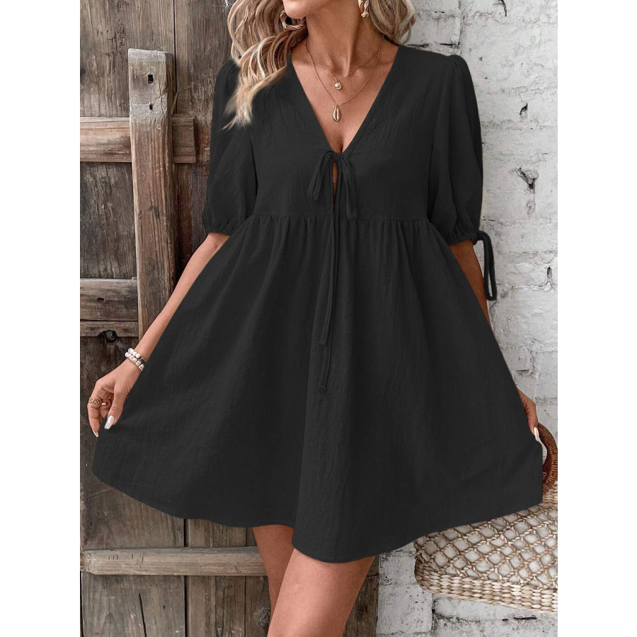 Tie Front Puff Sleeve Mini Dress Apparel and Accessories