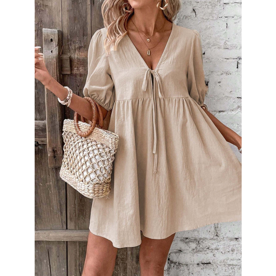 Tie Front Puff Sleeve Mini Dress Apparel and Accessories