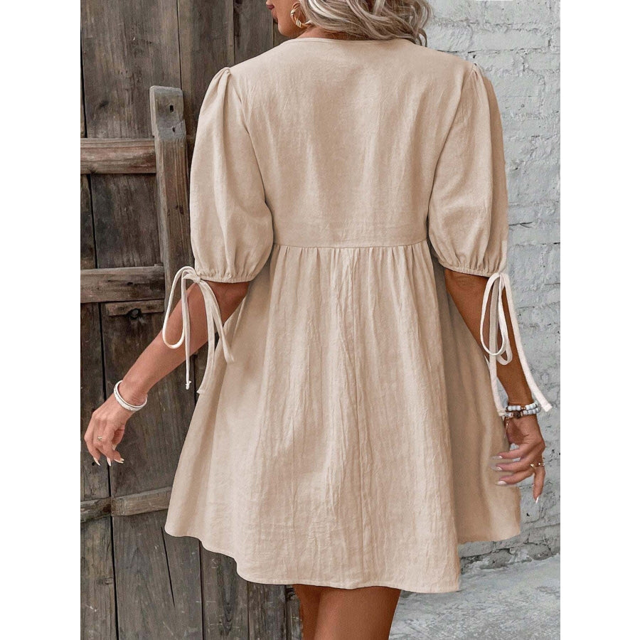 Tie Front Puff Sleeve Mini Dress Khaki / S Apparel and Accessories