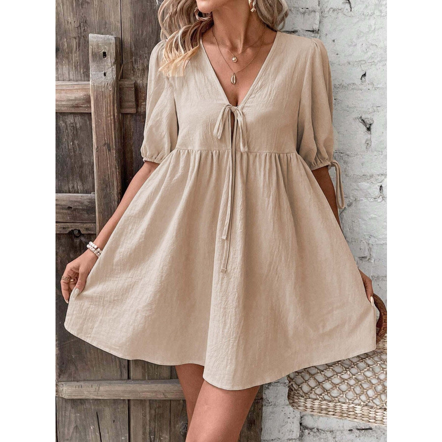 Tie Front Puff Sleeve Mini Dress Apparel and Accessories