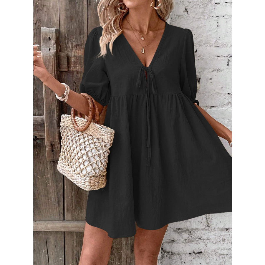 Tie Front Puff Sleeve Mini Dress Apparel and Accessories