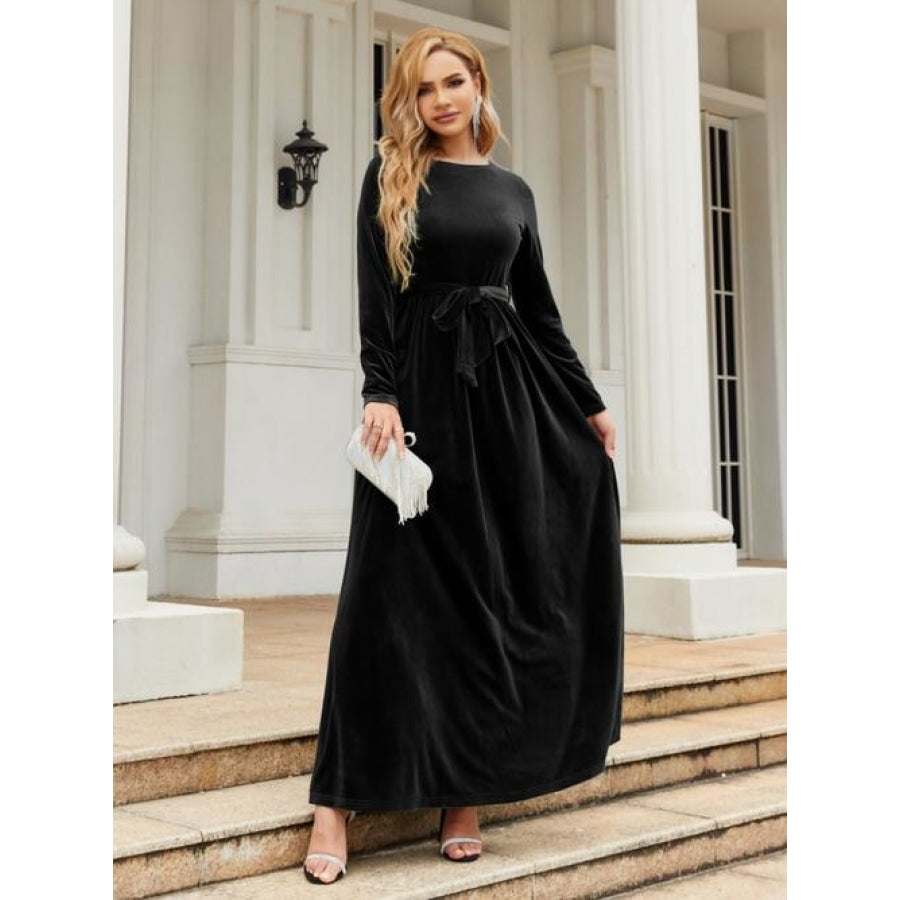 Tie Front Round Neck Long Sleeve Maxi Dress Black / S