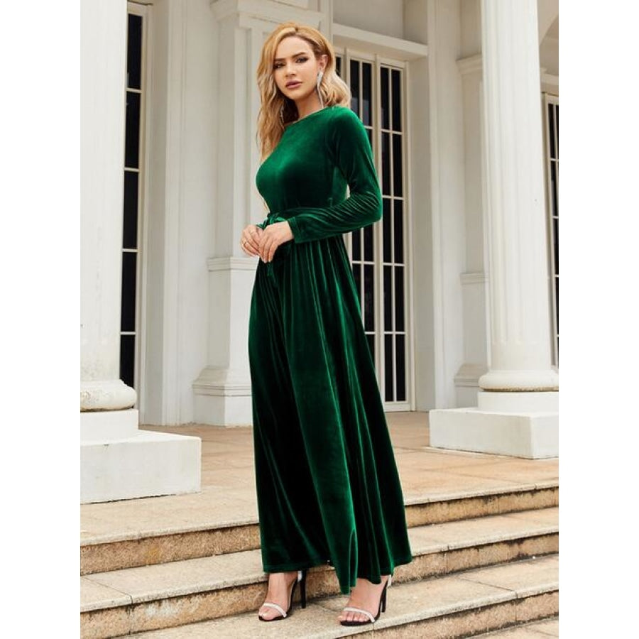 Tie Front Round Neck Long Sleeve Maxi Dress Green / S