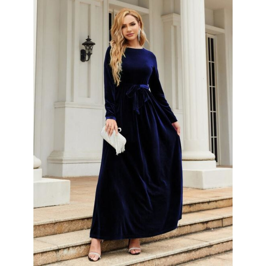 Tie Front Round Neck Long Sleeve Maxi Dress Navy / S