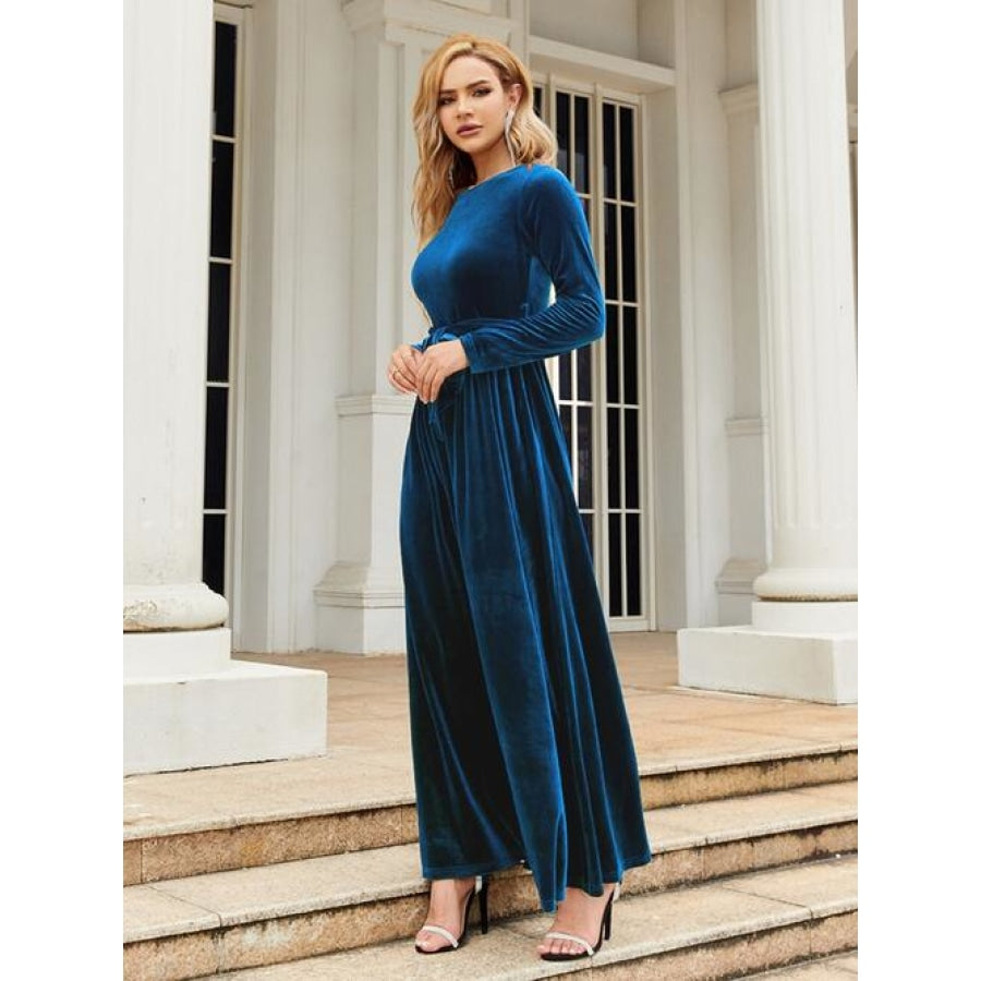 Tie Front Round Neck Long Sleeve Maxi Dress Peacock Blue / S