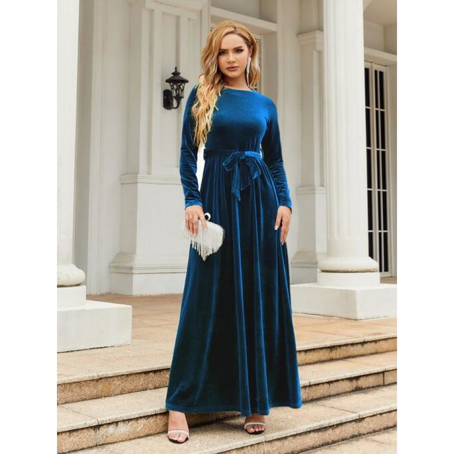 Tie Front Round Neck Long Sleeve Maxi Dress