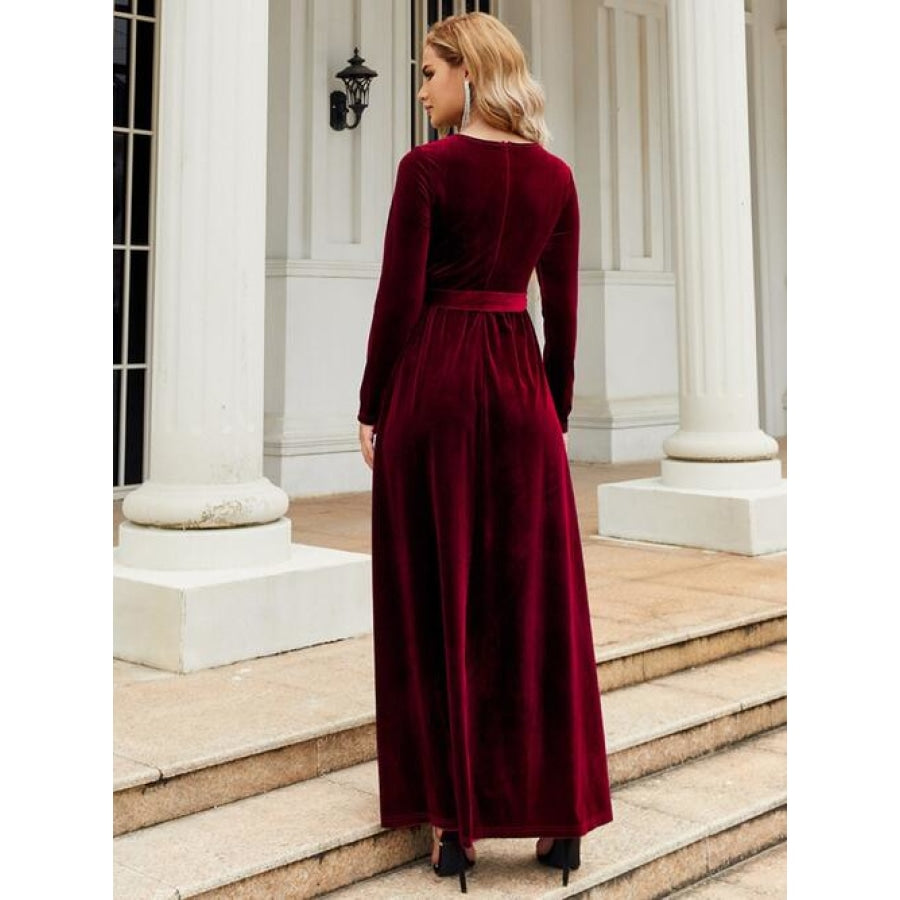 Tie Front Round Neck Long Sleeve Maxi Dress