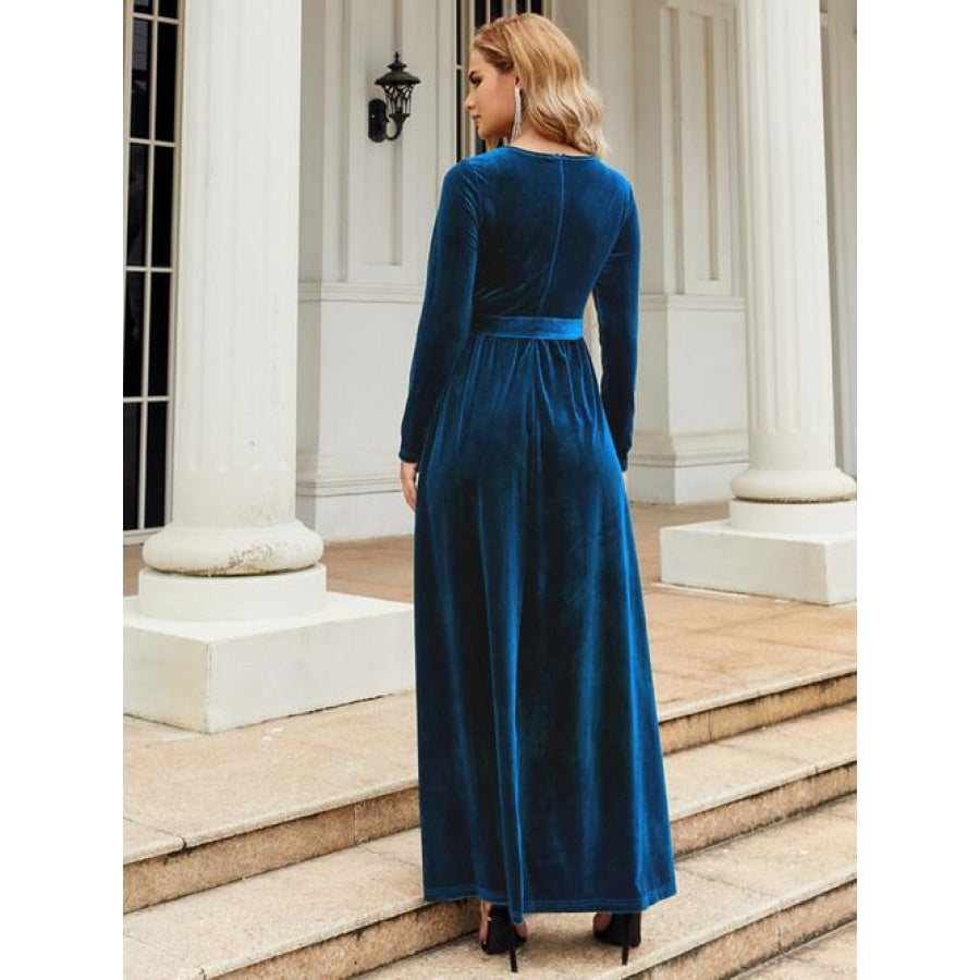 Tie Front Round Neck Long Sleeve Maxi Dress