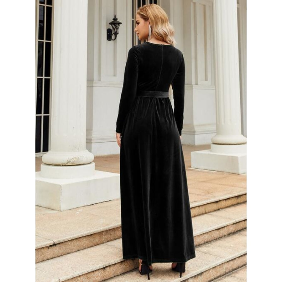 Tie Front Round Neck Long Sleeve Maxi Dress