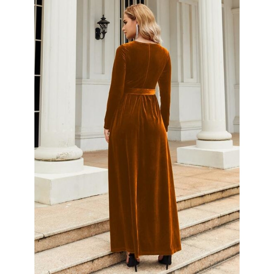 Tie Front Round Neck Long Sleeve Maxi Dress