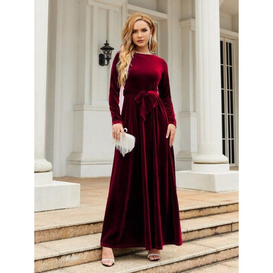 Tie Front Round Neck Long Sleeve Maxi Dress Wine / S