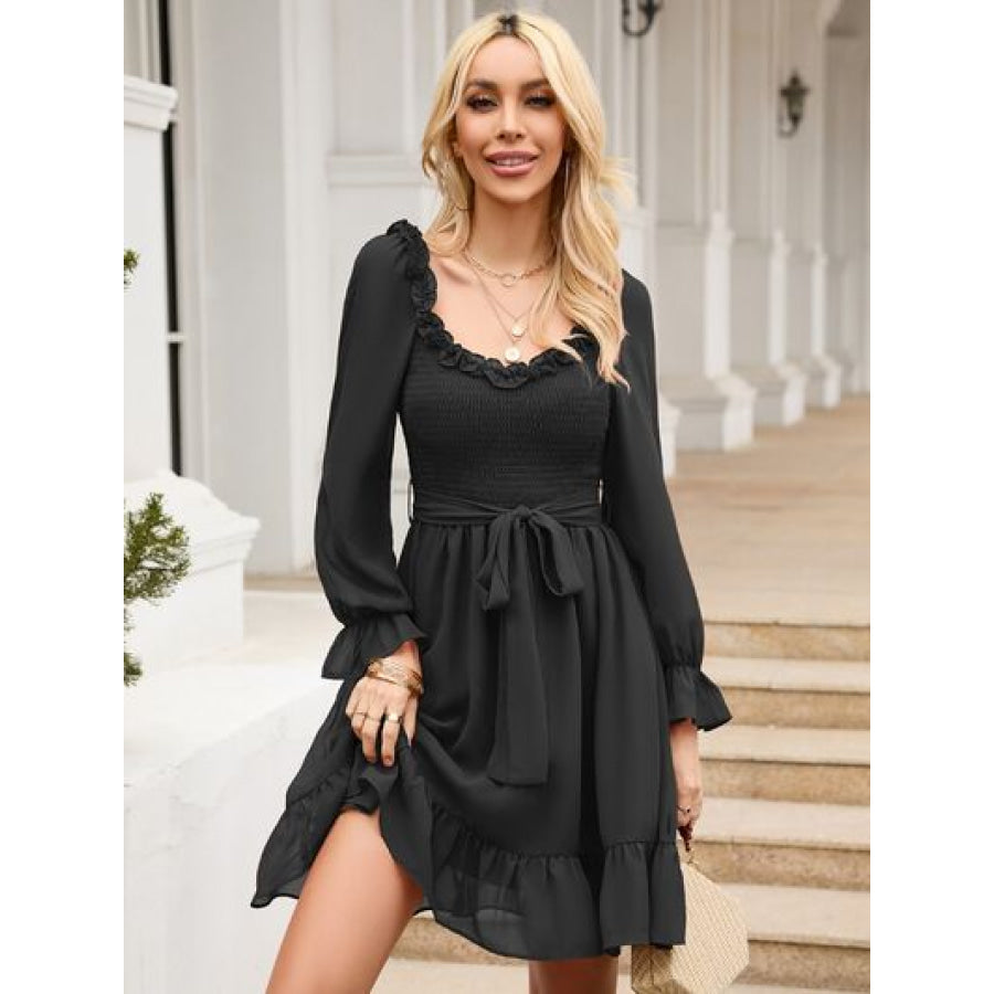 Tie Front Ruffle Hem Smocked Dress Black / S Clothing