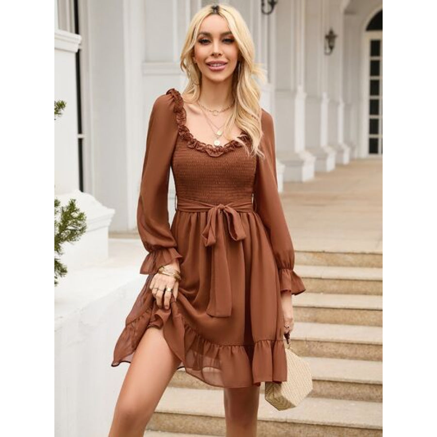 Tie Front Ruffle Hem Smocked Dress Caramel / S Clothing