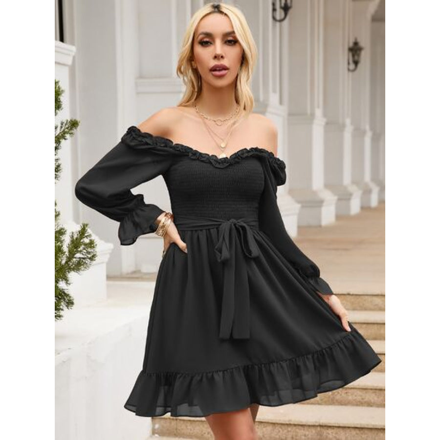 Tie Front Ruffle Hem Smocked Dress Clothing