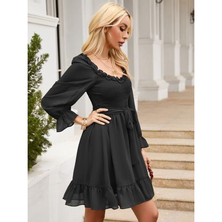 Tie Front Ruffle Hem Smocked Dress Clothing