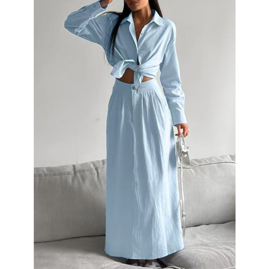 Tie-Front Shirt and Maxi Skirt Set Light Blue / S Apparel and Accessories